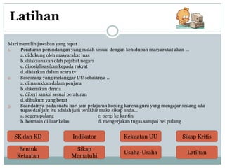 Latihan
Mari memilih jawaban yang tepat !
1.
Peraturan perundangan yang sudah sesuai dengan kehidupan masyarakat akan …
a. didukung oleh masyarakat luas
b. dilaksanakan oleh pejabat negara
c. disosialisasikan kepada rakyat
d. disiarkan dalam acara tv
2.
Seseorang yang melanggar UU sebaiknya …
a. dimasukkan dalam penjara
b. dikenakan denda
c. diberi sanksi sesuai peraturan
d. dihukum yang berat
3.
Seandainya pada suatu hari jam pelajaran kosong karena guru yang mengajar sedang ada
tugas dan jam itu adalah jam terakhir maka sikap anda…
a. segera pulang
c. pergi ke kantin
b. bermain di luar kelas
d. mengerjakan tugas sampai bel pulang

SK dan KD

Indikator

Kekuatan UU

Sikap Kritis

Bentuk
Ketaatan

Sikap
Mematuhi

Usaha-Usaha

Latihan

 