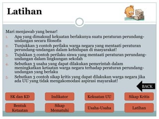 Latihan
Mari menjawab yang benar!
1.
Apa yang dimaksud kekuatan berlakunya suatu peraturan perundangundangan secara filosofis
2.
Tunjukkan 3 contoh perilaku warga negara yang mentaati peraturan
perundang-undangan dalam kehidupan di masyarakat!
3.
Tujukkan 3 contoh perilaku siswa yang mentaati peraturan perundangundangan dalam lingkungan sekolah
4.
Sebutkan 3 usaha yang dapat dilakukan pemerintah dalam
meningkatkan ketaatan warga negara terhadap peraturan perundangundangan yang berlaku
5.
Sebutkan 3 contoh sikap kritis yang dapat dilakukan warga negara jika
ada UU yang tidak mengakomodasi aspirasi mayarakat!
BACK
SK dan KD

Indikator

Kekuatan UU

Sikap Kritis

Bentuk
Ketaatan

Sikap
Mematuhi

Usaha-Usaha

Latihan

 
