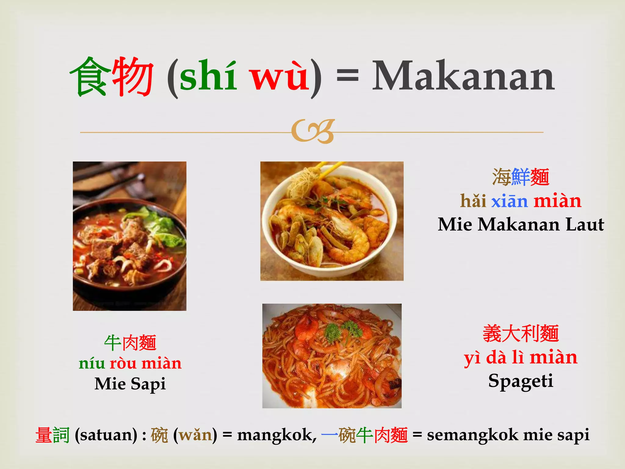 食物(shí wù) = Makanan 
 
牛肉麵 
níu ròu miàn 
Mie Sapi 
海鮮麵 
hǎi xiān miàn 
Mie Makanan Laut 
義大利麵 
yì dà lì miàn 
Spageti 
量詞(satuan) : 碗(wǎn) = mangkok, 一碗牛肉麵= semangkok mie sapi 
 