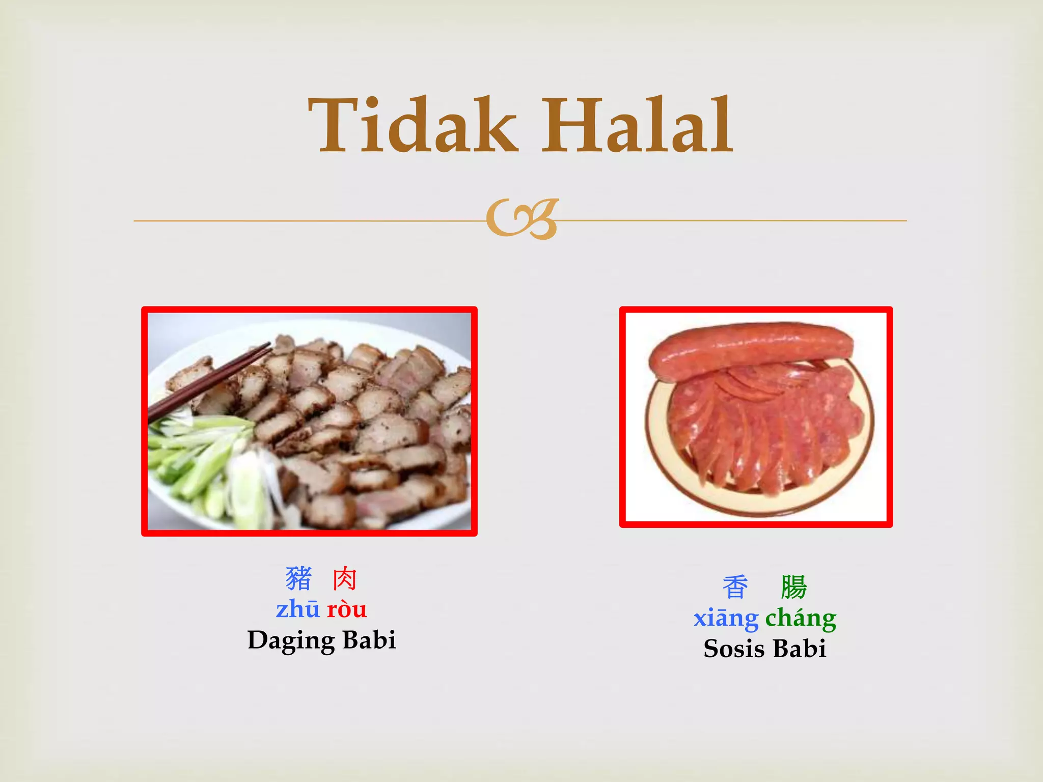 Tidak Halal 
 
豬肉 
zhū ròu 
Daging Babi 
香腸 
xiāng cháng 
Sosis Babi 
 