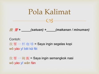Pola Kalimat 
 
我要+ _____(satuan) +_____(makanan / minuman) 
Contoh: 
我要一杯咖啡= Saya ingin segelas kopi 
wǒ yào yī bēi kā fēi 
我要一碗飯= Saya ingin semangkok nasi 
wǒ yào yī wǎn fàn 
 