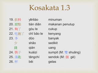 Kosakata 1.3 
19. 飲料yǐnliào minuman 
20. 甜點tián diǎn makanan penutup 
21. 夠了gòu le cukup 
22. 吃飽了chī bǎo le kenyang 
23. 多dūo banyak 
少shǎo sedikit 
錢qián uang 
24. 筷子kuàizi sumpit (M: 雙shuāng) 
25. 湯匙tāngchí sendok (M: 個gè) 
26. 杯bēi gelas 
 