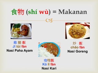 食物(shí wù) = Makanan 
 
炒飯 
chǎo fàn 
Nasi Goreng 
雞腿飯 
Jī tŭi fàn 
Nasi Paha Ayam 
咖哩飯 
Kā lǐ fàn 
Nasi Kari 
 