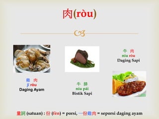 肉(ròu) 
 
雞肉 
jī ròu 
Daging Ayam 
牛肉 
níu ròu 
Daging Sapi 
牛排 
níu pái 
Bistik Sapi 
量詞(satuan) : 份(fèn) = porsi, 一份雞肉= seporsi daging ayam 
 