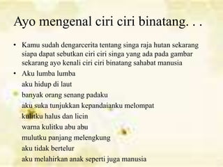 Ayo mengenal ciri ciri binatang. . .
• Kamu sudah dengarcerita tentang singa raja hutan sekarang
siapa dapat sebutkan ciri ciri singa yang ada pada gambar
sekarang ayo kenali ciri ciri binatang sahabat manusia
• Aku lumba lumba
aku hidup di laut
banyak orang senang padaku
aku suka tunjukkan kepandaianku melompat
kulitku halus dan licin
warna kulitku abu abu
mulutku panjang melengkung
aku tidak bertelur
aku melahirkan anak seperti juga manusia
 