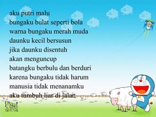 aku putri malu
bungaku bulat seperti bola
warna bungaku merah muda
daunku kecil bersusun
jika daunku disentuh
akan menguncup
batangku berbulu dan berduri
karena bungaku tidak harum
manusia tidak menanamku
aku tumbuh liar di jalan
 