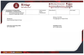 5 Pembelajaran berbasis Riset
Pembelajaran berbasis proyek
- Inventarisasi beberapa tumbuhan
yang ada di limgkungan sekolah
Awal semseter
genap
(Kondisional)
Siswa Kelas 10 Guru mapel
Mengetahui,
Kepala Madrasah Aliyah Al Irtiqo’
Cindy Indra Amirul Fiqri, M.Pd.
NIY. 03 2384 010817
Malang, 11 Juli 2024
Penanggungjawab Program Kerja
Ubaidillah, M. Pd.
NIY. 43 2384 010720
 