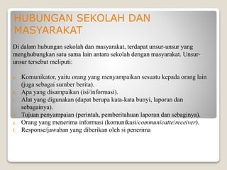 HUBUNGAN SEKOLAH DAN
MASYARAKAT
Di dalam hubungan sekolah dan masyarakat, terdapat unsur-unsur yang
menghubungkan satu sama lain antara sekolah dengan masyarakat. Unsur-
unsur tersebut meliputi:
a. Komunikator, yaitu orang yang menyampaikan sesuatu kepada orang lain
(juga sebagai sumber berita).
b. Apa yang disampaikan (isi/informasi).
c. Alat yang digunakan (dapat berupa kata-kata bunyi, laporan dan
sebagainya).
d. Tujuan penyampaian (perintah, pemberitahuan laporan dan sebaginya).
e. Orang yang menerima informasi (komunikasi/communicatte/receiver).
f. Response/jawaban yang diberikan oleh si penerima
 