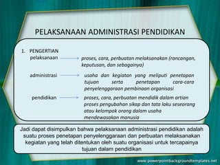 PELAKSANAAN ADMINISTRASI PENDIDIKAN
usaha dan kegiatan yang meliputi penetapan
tujuan serta penetapan cara-cara
penyelenggaraan pembinaan organisasi
proses, cara, perbuatan melaksanakan (rancangan,
keputusan, dan sebagainya)
1. PENGERTIAN
pelaksanaan
administrasi
pendidikan proses, cara, perbuatan mendidik dalam artian
proses pengubahan sikap dan tata laku seseorang
atau kelompok orang dalam usaha
mendewasakan manusia
Jadi dapat disimpulkan bahwa pelaksanaan administrasi pendidikan adalah
suatu proses penetapan penyelenggaraan dan perbuatan melaksanakan
kegiatan yang telah ditentukan oleh suatu organisasi untuk tercapainya
tujuan dalam pendidikan
 