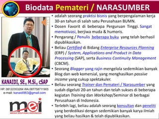 HP. 08122353284 WA.087758711905
e-mail: kanaidi963@gmail.com
• adalah seorang praktisi bisnis yang berpengalaman kerja
30-an tahun di salah satu Perusahaan BUMN.
• Dosen Favorit di beberapa Perguruan Tinggi. Sangat
memotivasi, berjiwa muda & humoris.
• Pengarang / Penulis beberapa buku yang telah berhasil
dipublikasikan.
• Beliau Certified di Bidang Enterprise Resources Planning
(ERP) / System, Applications and Product in Data
Processing (SAP), serta Business Continuity Management
(CBCM).
• Seorang Blogger yang rajin mengelola sedemikian banyak
Blog dan web komersial, yang menghasilkan passive
income yang cukup spektakuler.
• Beliau seorang Trainer dan Pemateri / Narasumber yang
sudah digeluti 20-an tahun dan telah sukses di beberapa
kegiatan Training dan Workshop/Seminar di berbagai
Perusahaan di Indonesia.
• Terlebih lagi, beliau adalah seorang konsultan dan peneliti
yang berdedikasi dengan sedemikian banyak karya ilmiah
yang beliau hasilkan & telah dipublikasikan.
Biodata Pemateri / NARASUMBER
 