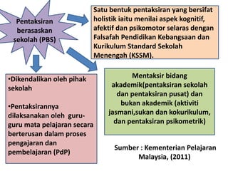 Pentaksiran
berasaskan
sekolah (PBS)
Satu bentuk pentaksiran yang bersifat
holistik iaitu menilai aspek kognitif,
afektif dan psikomotor selaras dengan
Falsafah Pendidikan Kebangsaan dan
Kurikulum Standard Sekolah
Menengah (KSSM).
Mentaksir bidang
akademik(pentaksiran sekolah
dan pentaksiran pusat) dan
bukan akademik (aktiviti
jasmani,sukan dan kokurikulum,
dan pentaksiran psikometrik)
Sumber : Kementerian Pelajaran
Malaysia, (2011))
•Dikendalikan oleh pihak
sekolah
•Pentaksirannya
dilaksanakan oleh guru-
guru mata pelajaran secara
berterusan dalam proses
pengajaran dan
pembelajaran (PdP)
 
