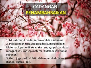 .
1. Murid-murid dinilai secara adil dan saksama
2. Pelaksanaan tugasan kerja berkumpulan bagi
Matematik perlu dilaksanakan supaya pelajar dapat
mengaplikasi konsep matematik dalam kehidupan
sebenar.
3. Guru juga perlu di latih dalam perkhidmatan
(Ladap, kursus PBS).
 