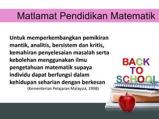 BACK
TO
SCHOOL
Untuk memperkembangkan pemikiran
mantik, analitis, bersistem dan kritis,
kemahiran penyelesaian masalah serta
kebolehan menggunakan ilmu
pengetahuan matematik supaya
individu dapat berfungsi dalam
kehidupan seharian dengan berkesan
(Kementerian Pelajaran Malaysia, 1998)
Matlamat Pendidikan Matematik
 