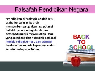 BACK
TO
SCHOOL
Falsafah Pendidikan Negara
" Pendidikan di Malaysia adalah satu
usaha berterusan ke arah
memperkembangankan lagi potensi
individu secara menyeluruh dan
bersepadu untuk mewujudkan insan
yang seimbang dan harmonis dari segi
intelek, rohani, emosi, dan jasmani
berdasarkan kepada kepercayaan dan
kepatuhan kepada Tuhan.
 