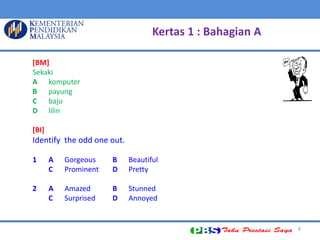 8 
Kertas 1 : Bahagian A 
[BM] 
Sekaki 
A komputer 
B payung 
C baju 
D lilin 
[BI] 
Identify the odd one out. 
1 A Gorgeous B Beautiful 
C Prominent D Pretty 
2 A Amazed B Stunned 
C Surprised D Annoyed 
 
