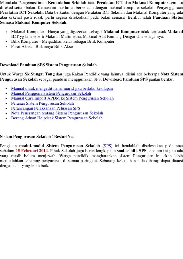 Pelaksanaan Sistem Pengurusan Sekolah Sps 1 Bestarinet 2014