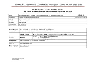 PERANCANGAN STRATEGIK PANITIA MATEMATIK SJK(T) LADANG VALDOR 2014 - 2015
SJK(T) LADANG VALDOR
PULAU PINANG.
PELAN OPERASI PANITIA MATEMATIK 2014
PROGRAM 4 : P&P BERKESAN- BIMBINGAN BERTERUSAN & INTENSIF
NKRA MELUASKAN AKSES KEPADA PENDIDIKAN BERKUALITI DAN BERKEMAMPUAN JADUAL 2A
Sub-NKRA Tawaran Baru Kepada Pemimpin Sekolah SJKTLV/PA/AK/PS/MT-PO-04
FOKUS Kepimpinan Instrukstional
BIDANG MATEMATIK
UNIT/PANITIA MATEMATIK
Nama Program P & P BERKESAN – BIMBINGAN BERTERUSAN & INTENSIF
Objektif
Jangka Pendek Pada akhir tahun 2011, pencapaian pelajar dalam UPSR meningkat
Khusus
UPSR i. 67.9% pelajar mendapat semua A
ii 100% pelajar lulus
iii. 1.44 nilai gred purata sekolah
Kos/Sumber RM 500/Sumber : PCG,PIBG dan sumbangan
Sasaran Semua pelajar UPSR
Masa / Tempoh Januari-Februari
 