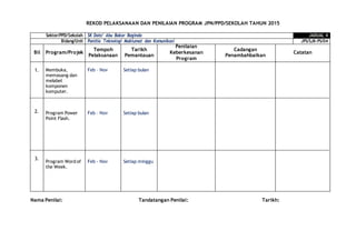 REKOD PELAKSANAAN DAN PENILAIAN PROGRAM JPN/PPD/SEKOLAH TAHUN 2015
Sektor/PPD/Sekolah SK Dato’ Abu Bakar Baginda JADUAL 4
Bidang/Unit Panitia Teknologi Maklumat dan Komunikasi JPS/SJK-PS/04
Bil Program/Projek
Tempoh
Pelaksanaan
Tarikh
Pemantauan
Penilaian
Keberkesanan
Program
Cadangan
Penambahbaikan
Catatan
1.
2.
3.
Membuka,
memasang dan
melabel
komponen
komputer.
Program Power
Point Flash.
Program Word of
the Week.
Feb – Nov
Feb – Nov
Feb - Nov
Setiap bulan
Setiap bulan
Setiap minggu
Nama Penilai: Tandatangan Penilai: Tarikh:
 