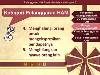 Pelanggaran Hak Asasi Manusia ~ Kelompok 5
Kategori Pelanggaran HAM
4. Menghalangi orang
untuk
mengekspresikan
pendapatnya
5. Menghilangkan
nyawa orang lain
Pengertian
Pelanggaran HAM
UU Pelanggaran
HAM
Kategori
Pelanggaran HAM
Contoh Pelanggaran
HAM
Solusi Pelanggaran
HAM
1 2 3 4
 