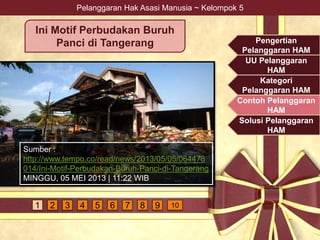 Pelanggaran Hak Asasi Manusia ~ Kelompok 5
Ini Motif Perbudakan Buruh
Panci di Tangerang
Sumber :
http://www.tempo.co/read/news/2013/05/05/064478
014/Ini-Motif-Perbudakan-Buruh-Panci-di-Tangerang
MINGGU, 05 MEI 2013 | 11:22 WIB
Pengertian
Pelanggaran HAM
UU Pelanggaran
HAM
Kategori
Pelanggaran HAM
Contoh Pelanggaran
HAM
Solusi Pelanggaran
HAM
4 5 6 7 9 1081 2 3
 