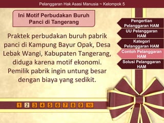 Pelanggaran Hak Asasi Manusia ~ Kelompok 5
Ini Motif Perbudakan Buruh
Panci di Tangerang
Praktek perbudakan buruh pabrik
panci di Kampung Bayur Opak, Desa
Lebak Wangi, Kabupaten Tangerang,
diduga karena motif ekonomi.
Pemilik pabrik ingin untung besar
dengan biaya yang sedikit.
Pengertian
Pelanggaran HAM
UU Pelanggaran
HAM
Kategori
Pelanggaran HAM
Contoh Pelanggaran
HAM
Solusi Pelanggaran
HAM
4 5 6 7 9 1081 2 3
 