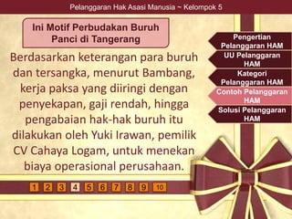 Pelanggaran Hak Asasi Manusia ~ Kelompok 5
Berdasarkan keterangan para buruh
dan tersangka, menurut Bambang,
kerja paksa yang diiringi dengan
penyekapan, gaji rendah, hingga
pengabaian hak-hak buruh itu
dilakukan oleh Yuki Irawan, pemilik
CV Cahaya Logam, untuk menekan
biaya operasional perusahaan.
Ini Motif Perbudakan Buruh
Panci di Tangerang Pengertian
Pelanggaran HAM
UU Pelanggaran
HAM
Kategori
Pelanggaran HAM
Contoh Pelanggaran
HAM
Solusi Pelanggaran
HAM
4 5 6 7 9 1081 2 3
 