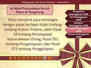 Pelanggaran Hak Asasi Manusia ~ Kelompok 5
Polisi menjerat para tersangka
dengan pasal berlapis Kitab Undang-
Undang Hukum Pidana, yakni Pasal
33 tentang Perampasan
Kemerdekaan Orang, Pasal 351
tentang Penganiayaan, dan Pasal
372 tentang Penggelapan.
Ini Motif Perbudakan Buruh
Panci di Tangerang Pengertian
Pelanggaran HAM
UU Pelanggaran
HAM
Kategori
Pelanggaran HAM
Contoh Pelanggaran
HAM
Solusi Pelanggaran
HAM
4 5 6 7 9 1081 2 3
 