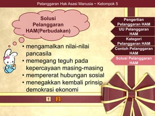 Pelanggaran Hak Asasi Manusia ~ Kelompok 5
Solusi
Pelanggaran
HAM(Perbudakan)
• mengamalkan nilai-nilai
pancasila
• memegang teguh pada
kepercayaan masing-masing
• mempererat hubungan sosial
• menegakkan kembali prinsip
demokrasi ekonomi
Pengertian
Pelanggaran HAM
UU Pelanggaran
HAM
Kategori
Pelanggaran HAM
Contoh Pelanggaran
HAM
Solusi Pelanggaran
HAM
1 2
 