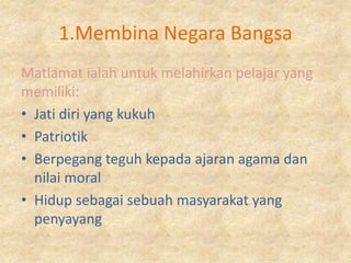 1.Membina Negara Bangsa
Matlamat ialah untuk melahirkan pelajar yang
memiliki:
• Jati diri yang kukuh
• Patriotik
• Berpegang teguh kepada ajaran agama dan
  nilai moral
• Hidup sebagai sebuah masyarakat yang
  penyayang
 