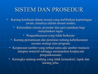 SISTEM DAN PROSEDUR Kurang ketelusan dalam urusan yang melibatkan kepentingan awam, misalnya dalam urusan tender; Kelemahan sistem, prosedur dan garis panduan bagi menjalankan tugas. Penguatkuasaan yang tidak berkesan. Kurang pemantauan dan penilaian tentang keberkesanan sesuatu strategi atau program; Keupayaan sumber yang terhad sama ada sumber manusia ataupun material sehingga menjejaskan keupayaan penguatkuasaan; Kerangka undang-undang yang tidak kemaskini, lapuk dan kurang jelas. 