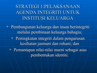 STRATEGI 1:PELAKSANAAN AGENDA INTEGRITI UNTUK INSTITUSI KELUARGA Pembangunan keluarga dan insan berintegriti melalui pembinaan keluarga bahagia; Peningkatan integriti dalam pengurusan kesihatan jasmani dan rohani; dan Pemantapan nilai-nilai murni sebagai asas pembentukan identiti. 