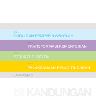 BAB 5

Guru dan Pemimpin Sekolah
BAB 6

TRANSFORMASI KEMENTERIAN
BAB 7

STRUKTUR SISTEM
BAB 8

PELAKSANAAN PELAN TINDAKAN
LAMPIRAN

 