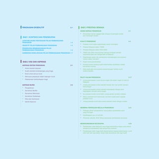 RINGKASAN EKSEKUTIF	

BAB 3 PRESTASI SEMASA

e-1

AKSES KEPADA PENDIDIKAN 	

▪▪

	

BAB 1 KONTEKS DAN PENDEKATAN
LATAR BELAKANG penyediaan PELAN PEMBANGUNAN 	
PENDIDIKAN	1-2

3-1

Penyertaan hampir sejagat telah dicapai di peringkat rendah
dan menengah rendah

KUALITI PENDIDIKAN 	

3-5

PENDEKATAN membangunkan PELAN
PEMBANGUNAN PENDIDIKAN 	

1-4

GAMBARAN KESELURUHAN PELAN PEMBANGUNAN PENDIDIKAN	1-7

Prestasi murid dalam peperiksaan awam meningkat

Peperiksaan awam dan pentaksiran antarabangsa menunjukkan 			
varians dalam standard

▪▪
▪▪

Kadar tamat persekolahan

▪▪

1-4

▪▪
▪▪
▪▪
▪▪
▪▪

OBJEKTIF PELAN PEMBANGUNAN PENDIDIKAN 	

Data sedia ada menunjukkan perkembangan holistik murid 			
sedang berlaku

	
	

BAB 2 VISI DAN ASPIRASI
ASPIRASI SISTEM PENDIDIKAN	

▪▪
▪▪
▪▪
▪▪
▪▪

Akses kepada kejayaan

Prestasi Malaysia dalam PISA 2009+
TIMSS dan PISA menunjukkan bahawa terdapat sekolah 			
berprestasi Baik dan Sangat Baik di Malaysia

Persepsi awam tentang kualiti keberhasilan pendidikan adalah 			
	bercampur-campur
	

Kualiti standard antarabangsa yang tinggi
Ekuiti untuk semua murid
Memupuk perpaduan dalam kalangan murid

EKUITI DALAM PENDIDIKAN	

Pelaksanaan berkecekapan tinggi

ASPIRASI MURID	

▪▪
▪▪
▪▪
▪▪
▪▪
▪▪

2-1

Prestasi Malaysia dalam TIMSS

Pengetahuan

3-17

▪▪

Jurang pencapaian wujud antara negeri dan dalam negeri di seluruh		
	Malaysia
2-5

▪▪ Jurang pencapaian antara sekolah bandar dan luar bandar semakin 		
	berkurangan

Kemahiran Berfikir

	

▪▪

Jurang pencapaian antara sekolah kebangsaan dengan jenis 			
kebangsaan semakin berkurangan

Kemahiran Memimpin

▪▪
▪▪

Isu prestasi rendah murid lelaki: jurang gender semakin melebar

	

Status sosioekonomi berterusan memberi impak besar kepada 			
prestasi murid

▪▪

Jurang prestasi murid kekal antara sekolah awam dengan swasta

Kemahiran Dwibahasa
Etika dan Kerohanian
Identiti Nasional

membina PERPADUAN MELALUI PENDIDIKAN	

3-21

▪▪

Pelbagai pilihan persekolahan mewujudkan persekitaran etnik 			
yang homogen

▪▪
▪▪

Kepelbagaian guru di sekolah

	

Penaziran sekolah JNJK Tahap perpaduan berdasarkan penaziran

Memaksimumkan KECEKAPAN 	

3-24

▪▪

Perbelanjaan asas Malaysia yang tinggi berbanding negara yang setara 		
dengannya berdasarkan tiga pengukuran berbeza

▪▪

Perbelanjaan lebih tinggi telah diterjemahkan kepada keberhasilan murid 		
lebih baik dari segi akses, tetapi tidak semestinya dari segi kualiti

	
	

 