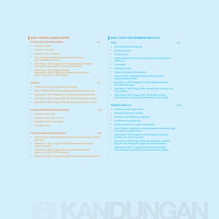 BAB 4 PEMBELAJARAN MURID
KURIKULUM DAN PENTAKSIRAN	

▪▪
▪▪
▪▪
▪▪

BAB 5 Guru dan Pemimpin Sekolah
4-1

Kurikulum bertulis

GURU	 	5-2
Demografi profesion keguruan

Pelan Tindakan: Pembentukan dan aplikasi kurikulum
dan pentaksiran abad ke-21

▪▪
▪▪
▪▪
▪▪

▪▪

Latihan praperkhidmatan dan pembangunan profesionalisme 			
	berterusan

Gelombang 1 (2013 hingga 2015): Penambahbaikan kurikulum
sedia ada dan persediaan untuk perubahan struktur

Penempatan

▪▪

Gelombang 2 (2016 hingga 2020) dan
Gelombang 3 (2021 hingga 2025): Melaksanakan kurikulum
baharu dan kurikulum semak semula

▪▪
▪▪
▪▪
▪▪
▪▪

Gelombang 1 (2013 hingga 2015): Meningkatkan standard
dan sistem sokongan

▪▪

Gelombang 2 (2016 hingga 2020): Mengukuhkan kemajuan dan 			
laluan kerjaya

▪▪

Gelombang 3 (2021 hingga 2025): Mewujudkan budaya
kecemerlangan profesionalisme berasaskan rakan setugas

	
	
	
	

Kurikulum yang diajar
Kurikulum untuk pentaksiran

	
BAHASA 	

▪▪
▪▪
▪▪
▪▪
▪▪

4-7

Pentaksiran kemahiran berbahasa di Malaysia
Pelan Tindakan: Mewujudkan penguasaan bahasa secara meluas

	
	

Gelombang 1 (2013 hingga 2015): Pengukuhan system sedia ada
Gelombang 2 (2016 hingga 2020): Memperkenal perubahan struktur

	

Kualiti pengajaran
Pemilihan guru

Persekitaran kerja
Ganjaran dan pengurusan prestasi
Pelan Tindakan: Mentransformasi profesion keguruan
menjadi profesion pilihan

Gelombang 3 (2021 hingga 2025): Memperluas perubahan struktur
PEMIMPIN SEKOLAH	

KUMPULAN BERKEPERLUAN KHUSUS	

▪▪
▪▪
▪▪
▪▪

4-12

Sekolah kurang murid
Kumpulan pribumi dan minoriti
Pendidikan murid pintar cerdas
Pendidikan khas

PECUTAN PENINGKATAN SEKOLAH	

4-20

▪▪
▪▪
▪▪
▪▪
▪▪
▪▪

Pemilihan pengetua/guru besar

▪▪

Gelombang 1 (2013 hingga 2015): Meningkatkan standard
pemilihan dan sistem sokongan

▪▪

Gelombang 2 (2016 hingga 2020): Memartabatkan profesion
keguruan dan menganjak ke arah kepimpinan distributif

▪▪

Gelombang 3 (2021 hingga 2025): Mewujudkan budaya
kecemerlangan profesionalisme berasaskan rakan setugas

	

▪▪

Pelan Tindakan: Mempercepatkan peningkatan sekolah melalui daerah 		
dan negeri

	

▪▪

Gelombang 1 (2013 hingga 2015): Mentransformasi kepimpinan
negeri dan daerah

	

▪▪

	

	

Gelombang 2 (2016 hingga 2020): Meningkatkan keluwesan
operasi untuk JPN, PPD dan sekolah

▪▪

Gelombang 3 (2021 hingga 2025): Meluaskan hak membuat keputusan

	
	

5-13

Demografi kepimpinan sekolah
Latihan dan pembangunan profesional
Persekitaran kerja sedia ada
Kemajuan kerjaya dan pengurusan prestasi
Pelan Tindakan: Memastikan seorang pengetua berprestasi tinggi 			
ditempatkan di setiap sekolah

 