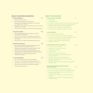 1-5

BAB 6 TRANSFORMASI KEMENTERIAN
SISTEM PENYAMPAIAN 	

BAB 7 STRUKTUR SISTEM
6-1

▪▪
▪▪
▪▪

Penilaian kedudukan semasa

▪▪

	

Gelombang 2 (2016 hingga 2020): Melaksanakan penstrukturan semula 		
Kementerian secara meluas

▪▪

Gelombang 3 (2021 hingga 2025): Memperkukuh kekuatan organisasi

	

Pelan Tindakan: Merapatkan jurang pelaksanaan
Gelombang 1 (2013 hingga 2015): Menetapkan semula peranan
dan mengukuhkan JPN dan PPD

PRODUKTIVITI SUMBER	

6-10

▪▪

Pelan Tindakan: Memaksimumkan keberhasilan murid untuk
setiap ringgit yang dibelanjakan

▪▪
▪▪

Gelombang 1 (2013 hingga 2015): Mewajarkan kejayaan segera

	

Gelombang 2 (2016 hingga 2020): Melaksanakan kecekapan sistem 		
secara meluas

▪▪

Gelombang 3 (2021 hingga 2025): Mengekalkan amalan terbaik

	

Pelan Tindakan: Mengguna pakai standard infrastruktur sekolah 			
seragam disesuaikan dengan keperluan setempat

▪▪

Gelombang 1 (2013 hingga 2015): Memastikan infrastruktur asas 			
yang mempunyai standard baik untuk semua sekolah

▪▪

Gelombang 2 (2016 hingga 2020): Melengkapkan sekolah untuk 			
menyokong kurikulum yang dipertingkat dan penyampaian pedagogi

▪▪

Gelombang 3 (2021 hingga 2025): Mentakrif keperluan
infrastruktur masa depan

	
	

Fasa pendidikan

▪▪
▪▪

Gelombang 2 (2016 hingga 2020): Pengukuhan kejayaan

	

▪▪
▪▪
▪▪
▪▪

Pelan Tindakan: Memanfaatkan ICT untuk pembelajaran

	

meluas sistem ICT yang inovatif

Gelombang 1 (2013 hingga 2015): Mempertingkatkan asas ICT
Gelombang 2 (2016 hingga 2020): Memperkenal inovasi dalam ICT

Pendidikan prasekolah
Pelan Tindakan: Penyelerasan dengan sistem pendidikan berprestasi tinggi
Gelombang 1 (2013 hingga 2015): Peluasan segera prasekolah dan 		
meningkatkan enrolmen pada semua peringkat pendidikan

Gelombang 3 (2021 hingga 2025): Pemastian akses sejagat

LALUAN PENDIDIKAN	

▪▪
▪▪
▪▪
▪▪
▪▪

7-7

Laluan pendidikan dan pilihan kerjaya
Pelan Tindakan: Penciptaan laluan pendidikan yang pelbagai
Gelombang 1 (2013 hingga 2015): Pergukuhan pendidikan vokasional
Gelombang 2 (2016 hingga 2020): Peningkatan inisiatif
Gelombang 3 (2021 hingga 2025): Memastikan laluan
pendidikan untuk semua

mempertingkat perpaduan di sekolah	

▪▪
▪▪
▪▪
▪▪
▪▪
▪▪

6-21

▪▪
▪▪

Gelombang 1 (2013 hingga 2015): Penyediaan asas

▪▪

7-16

Struktur sistem semasa dikekalkan

Gelombang 3 (2021 hingga 2025): Penilaian semula pilihan sekolah
dan struktur sistem

	
ICT dalam PENDIDIKAN	

7-1

6-14

▪▪

	

▪▪
▪▪
▪▪
▪▪

	

INFRASTRUKTUR SEKOLAH	
	

FASA DAN TEMPOH PENDIDIKAN	

	
	

Keseragaman etnik dalam sistem pendidikan
Pendidikan Sivik di Malaysia
Sekolah Wawasan
RIMUP: Integrasi melalui aktiviti kokurikulum
Pelan Tindakan: Memperkukuhkan interaksi dan integrasi
di semua jenis sekolah

Gelombang 2 (2016 hingga 2020): Meningkatkan intervensi
bagi memupuk perpaduan

Gelombang 3 (2021 hingga 2025): Mengekalkan penggunaan
SISTEM PEMBELAJARAN: IBU BAPA, MASYARAKAT
DAN SECTOR SWASTA 	

▪▪
▪▪
▪▪

Tahap pelibatan ibu bapa dan komuniti dalam pendidikan

▪▪

Gelombang 2 (2016 hingga 2020): Peluasan pelibatan ibu bapa
dan swasta

▪▪

Gelombang 3 (2021 hingga 2025): Menggalakkan pertambahan
inovasi sektor swasta

	
	
	

Pelan Tindakan: Anjakan ke arah sistem berfokuskan pembelajaran
Gelombang 1 (2013 hingga 2015): Sokongan kepada pelibatan
ibu bapa dan sektor swasta

7-21

 