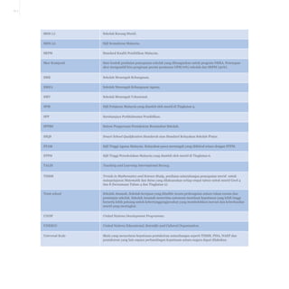 G-7

SKM (1)

Sekolah Kurang Murid.

SKM (2)

Sijil Kemahiran Malaysia.

SKPM

Standard Kualiti Pendidikan Malaysia.

Skor Komposit

Satu bentuk penilaian pencapaian sekolah yang dibangunkan untuk program NKRA. Penetapan
skor mengambil kira pengiraan purata peratusan GPS(70%) sekolah dan SKPM (30%).

SMK

Sekolah Menengah Kebangsaan.

SMKA

Sekolah Menengah Kebangsaan Agama.

SMV

Sekolah Menengah Vokasional.

SPM

Sijil Pelajaran Malaysia yang diambil oleh murid di Tingkatan 5.

SPP

Suruhanjaya Perkhidmatan Pendidikan.

SPPBS

Sistem Pengurusan Pentaksiran Berasaskan Sekolah.

SSQS

Smart School Qualification Standards atau Standard Kelayakan Sekolah Pintar.

STAM

Sijil Tinggi Agama Malaysia. Kelayakan pasca menengah yang diiktiraf setara dengan STPM.

STPM

Sijil Tinggi Persekolahan Malaysia yang diambil oleh murid di Tingkatan 6.

TALIS

Teaching and Learning International Survey.

TIMSS

Trends in Mathematics and Science Study, penilaian antarabangsa pencapaian murid untuk
matapelajaran Matematik dan Sains yang dilaksanakan setiap empat tahun untuk murid Gred 4
dan 8 (bersamaan Tahun 4 dan Tingkatan 2).

Trust school

Sekolah Amanah. Sekolah kerajaan yang ditadbir secara perkongsian antara rakan swasta dan
pemimpin sekolah. Sekolah Amanah menerima autonomi membuat keputusan yang lebih tinggi
berserta lebih peluang untuk kebertanggungjawaban yang membolehkan inovasi dan keberhasilan
murid yang meningkat.

UNDP

United Nations Development Programme.

UNESCO

United Nations Educational, Scientific and Cultural Organisation.

Universal Scale

Skala yang menyelaras keputusan pentaksiran antarabangsa seperti TIMSS, PISA, NAEP dan
pentaksiran yang lain supaya perbandingan keputusan antara negara dapat dilakukan.

 