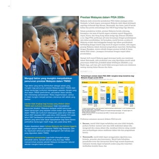 3-9

Prestasi Malaysia dalam PISA 2009+
Malaysia mula menyertai pentaksiran PISA dalam pusingan 2009+.
Daripada 74 buah negara, pencapaian Malaysia ialah dalam kelompok
sepertiga terbawah bagi Bacaan, Matematik, dan Sains, jauh di bawah
kedua-dua purata antarabangsa dan OECD bagi ketiga-tiga dimensi.
Dalam pentaksiran terkini, prestasi Malaysia berada sekurangkurangnya 100 mata di bawah negara serantau seperti Singapura,
Jepun, Korea, dan Hong Kong dalam ketiga-tiga dimensi (Ekshibit
3-12). Bagi PISA, perbezaan 38 mata bersamaan dengan pembelajaran
satu tahun persekolahan. Ini bermakna, murid berusia 15 tahun di
Malaysia seolah-olah ketinggalan hampir tiga tahun persekolahan
berbanding dengan murid yang seusia di negara tersebut, iaitu negara
pesaing Malaysia dalam ekonomi pengetahuan masa kini. Berbanding
dengan Shanghai, sistem sekolah dengan prestasi terbaik di dunia
dalam PISA 2009+, jurangnya bersamaan dengan empat tahun
persekolahan.
Hampir 60% murid Malaysia gagal mencapai tanda aras minimum
dalam Matematik, iaitu profisiensi asas yang diperlukan murid untuk
penyertaan efektif dan produktif dalam kehidupan (Ekshibit 3-13).
Begitu juga, 44% dan 43% murid tidak mencapai tanda aras minimum
masing-masing dalam Bacaan dan Sains.
Ekshibit 3-13

Menguji faktor yang mungkin menyebabkan
penurunan prestasi Malaysia dalam TIMSS
Tiga faktor yang sering ditimbulkan sebagai sebab yang
mungkin bagi penurunan prestasi Malaysia dalam TIMSS ialah
tahap kandungan kurikulum kebangsaan sepadan dengan yang
diuji dalam TIMSS (pertindihan), perubahan dasar bahasa,
dan metodologi persampelan. Walau bagaimanapun, semua
ini tidak mungkin menjadi pemacu utamanya oleh sebab yang
berikut:
Liputan tidak lengkap bagi konsep yang ditaksir dalam
TIMSS oleh kurikulum kebangsaan tidak menyebabkan
penurunan tersebut. Walaupun terdapat sedikit penurunan
dalam kandungan yang sepadan antara soalan ujian Matematik
dalam TIMSS dan kurikulum kebangsaan pada tahun 2003 dan
tahun 2007 (daripada 98% pada tahun 2003 kepada 75% pada
tahun 2007 berdasarkan pentaksiran kendiri Kementerian),
perkara yang sama tidak dapat diperjelaskan bagi Sains kerana
pertindihan kandungan masih tinggi, iaitu pada tahap 90%.
Soalan disediakan dalam bahasa Malaysia dan bahasa Inggeris
sebagai opsyen dalam pentaksiran TIMSS bagi Malaysia. Oleh
itu, keputusan seharusnya tidak dipengaruhi oleh bahasa ujian
yang digunakan dalam TIMSS.
Pendekatan persampelan juga boleh disangkal sebagai
penyebab utama. Sampel sekolah yang diuji bagi TIMSS
mencerminkan prestasi sekolah Malaysia berdasarkan taburan
sekolah mengikut band pencapaian.

Perbandingan prestasi dalam PISA 2009+ mengikut tahap kemahiran bagi
Malaysia dengan purata OECD
Peratus murid pada tahap prestasi berlainan dalam PISA 2009+1
1 Bacaan
Lanjutan
Pertengahan

2 Matematik
0

3 Sains

56

Lanjutan

0

Pertengahan

8

40

74

Bawah
minimum

59
22

19
Malaysia

Purata
OECD

0

57

Malaysia

8

74

65
Bawah
minimum

44

Lanjutan
Pertengahan

13

Bawah
minimum

Purata
OECD

43
18
Malaysia

Purata
OECD

1 Lanjutan termasuk profisiensi tahap 5 dan tahap 6; Sederhana termasuk profisiensi tahap 2, 3, dan 4; dan Bawah minimum
termasuk profisiensi tahap 1 dan ke bawah
Nota: Skor adalah purata sampel sekolah di Malaysia: 80% Sekolah Menengah Kebangsaan , 3% Sekolah Agama, 4%
Sekolah Teknik dan Vokasional,
3% Sekolah Berasrama Penuh, 3% Kolej Rendah Sains MARA, 7% sekolah swasta mengikut murid
SUMBER: PISA 2009+

Profisiensi minimum menurut definisi PISA bererti:
▪▪ Bacaan, murid tidak dapat melakukan satu atau lebih daripada
perkara berikut: mencari satu atau lebih maklumat dalam teks,
mengenali idea utama dalam teks, membuat inferens tahap rendah
atau perbandingan antara maklumat dalam teks dan pengetahuan
harian;
▪▪ Matematik, murid tidak dapat menggunakan algoritma asas,
formula, prosedur atau konvensyen. Murid tiada kebolehan
penaakulan terus dan interpretasi literal bagi sesuatu keputusan,
walaupun mereka dapat menjawab soalan yang jelas terperinci
melibatkan konteks biasa; dan

 