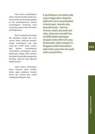 Fokus utama e-pembelajaran       E-pembelajaran merupakan p&p
ialah murid perlu berdikari pada masa-
masa tertentu dan bertanggungjawab
                                         yang menggunakan rangkaian
ke atas pembelajarannya. Suasana         elektronik untuk menyampaikan
e-pembelajaran mendorong murid           isi kandungan, interaksi atau
memainkan peranan lebih aktif dalam      pemudahcaraan. Internet,
pembelajarannya.                         intranet, setelit, pita audio dan
                                         video, televisyen interaktif dan
	       Murid membuat perancangan
dan persediaan dengan rapi untuk
                                         CD-ROM adalah sebahagian
mencari bahan maklumat berkaitan         daripada media elektronik yang
dengan pembelajaran atas daya            dimaksudkan dalam kategori ini.
usaha dan inisiatif sendiri. Justeru,    Pengajaran boleh disampaikan        101
jelas     bahawa     e-pembelajaran      pada waktu yang sama atau pada
membolehkan pembelajaran kendiri
dilaksanakan dengan lebih berkesan
                                         waktu yang berbeza.
dan dapat mengurangkan penggunaan
teknologi maklumat bagi kegunaan
negatif yang lain.


	        Jadual berikut menerangkan
secara terperinci pelan tindakan
utama, agensi pelaksana, tempoh,
aktiviti dan outcome bagi inisiatif
strategik pembelajaran maya.




                                                                             PEMBELAJARAN MAYA
 