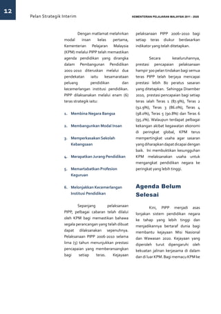 12
     Pelan Strategik Interim   	                              KEMENTERIAN PELAJARAN MALAYSIA 2011 - 2020




                     	        Dengan matlamat melahirkan        pelaksanaan PIPP 2006–2010 bagi
                     modal      insan      kelas   pertama,     setiap teras diukur berdasarkan
                     Kementerian Pelajaran Malaysia             indikator yang telah ditetapkan.
                     (KPM) melalui PIPP telah memastikan
                     agenda pendidikan yang dirangka            	 Secara              keseluruhannya,
                     dalam Pembangunan Pendidikan               prestasi pencapaian pelaksanaan
                     2001-2010 diteruskan melalui dua           hampir 300 pelan tindakan bagi semua
                     pendekatan       iaitu    kesamarataan     teras PIPP telah berjaya mencapai
                     peluang          pendidikan        dan     prestasi lebih 80 peratus sasaran
                     kecemerlangan institusi pendidikan.        yang ditetapkan. Sehingga Disember
                     PIPP dilaksanakan melalui enam (6)         2010, prestasi pencapaian bagi setiap
                     teras strategik iaitu:                     teras ialah Teras 1 (87.9%), Teras 2
                                                                (92.9%), Teras 3 (86.0%), Teras 4
                     1.	 Membina Negara Bangsa                  (98.0%), Teras 5 (90.8%) dan Teras 6
                                                                (95.2%). Walaupun terdapat pelbagai
                     2.	 Membangunkan Modal Insan               kekangan akibat kegawatan ekonomi
                                                                di peringkat global, KPM terus
                     3.	 Memperkasakan Sekolah                  mempertingkat usaha agar sasaran
                         Kebangsaan                             yang diharapkan dapat dicapai dengan
                                                                baik. Ini membuktikan kesungguhan
                     4.	 Merapatkan Jurang Pendidikan           KPM melaksanakan usaha untuk
                                                                mengangkat pendidikan negara ke
                     5.	 Memartabatkan Profesion                peringkat yang lebih tinggi.
                         Keguruan


                     6.	 Melonjakkan Kecemerlangan              Agenda Belum
                         Institusi Pendidikan                   Selesai
                     	 Sepanjang             pelaksanaan        	        Kini, PIPP menjadi asas
                     PIPP, pelbagai cabaran telah dilalui       lonjakan sistem pendidikan negara
                     oleh KPM bagi memastikan bahawa            ke tahap yang lebih tinggi dan
                     segala perancangan yang telah dibuat       menjadikannya bertaraf dunia bagi
                     dapat dilaksanakan sepenuhnya.             membantu kejayaan Misi Nasional
                     Pelaksanaan PIPP 2006-2010 selama          dan Wawasan 2020. Kejayaan yang
                     lima (5) tahun menunjukkan prestasi        diperoleh turut dipengaruhi oleh
                     pencapaian yang memberansangkan            kekuatan jalinan kerjasama di dalam
                     bagi     setiap  teras.    Kejayaan        dan di luar KPM. Bagi memacu KPM ke
 