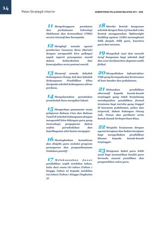 14
     Pelan Strategik Interim   	                           KEMENTERIAN PELAJARAN MALAYSIA 2011 - 2020




                      11   Menyelenggara       peralatan      18    Mereka bentuk bangunan
                     dan      perkakasan       Teknologi     sekolah dengan lima (5) kaedah reka
                     Maklumat dan Komunikasi (TMK)           bentuk menggunakan ‘lightweight
                     secara intensif dan bersepadu.          building system’ (LBS) merangkumi
                                                             bilik darjah, bilik guru, kuarters

                      12   Mengkaji    semula    syarat
                                                             guru dan asrama.

                     pemberian Tawaran Baru (Bai’ah)
                     dengan mengambil kira pelbagai           19 Mengubah suai dan menaik
                     aspek seperti pencapaian murid          taraf bangunan bagi sekolah daif
                     dalam      kokurikulum         dan      dan uzur berdasarkan dapatan audit
                     kemenjadian serta potensi murid.        fizikal.


                      13   Menaraf    semula   Sekolah       20     Menyediakan    infrastruktur
                     Kebangsaan Orang Asli dan Sekolah       TMK yang bersepadu dan berterusan
                     Kebangsaan     Pendidikan    Khas       di luar bandar dan pedalaman.
                     daripada sekolah kebangsaan aliran
                     perdana.
                                                              21 Meluaskan          pendidikan
                                                             alternatif  kepada   kanak-kanak
                      14   Menyelaraskan    penubuhan        terpinggir yang tidak berpeluang
                     prasekolah baru mengikut lokasi.        mendapatkan pendidikan formal
                                                             terutama bagi mereka yang tinggal

                      15   Memperluas penawaran mata
                                                             di kawasan pedalaman, pulau dan
                                                             terpencil, dalam kalangan Orang
                     pelajaran Bahasa Cina dan Bahasa
                                                             Asli, Penan dan peribumi serta
                     Tamil di sekolah kebangsaan dengan
                                                             kanak-kanak berkeperluan khas.
                     mengambil kira bilangan guru yang
                     mencukupi,     pengajaran    dalam
                     waktu        persekolahan      dan      22    Menjalin kerjasama dengan
                     kepelbagaian alat bantu mengajar.       agensi kerajaan dan bukan kerajaan
                                                             bagi    menyediakan     pendidikan

                      16 Meningkatkan        kemahiran
                                                             khusus
                                                             terpinggir.
                                                                         kepada    kanak-kanak

                     dan disiplin guru melalui program
                     pemugaran dan penguatkuasaan
                     tindakan punitif .                      23    Mengesan bakal guru lebih
                                                             awal bagi memastikan kualiti guru

                      17    Melaksanakan         dasar
                                                             bermula seawal pemilihan dan
                                                             pengambilan calon guru.
                     pendidikan wajib sembilan tahun,
                     iaitu dari enam (6) tahun (Tahun 1
                     hingga Tahun 6) kepada sembilan
                     (9) tahun (Tahun 1 hingga Tingkatan
                     3).
 