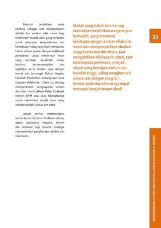 Peranan      pendidikan    amat
                                          Akidah yang kukuh dan mantap
penting sebagai alat memantapkan
akidah dan amalan nilai murni bagi
                                          akan dapat melahirkan warganegara
melahirkan modal insan yang berkualiti    berkualiti, yang mewarnai                  33
untuk mencapai kesejahteraan dan          kehidupan dengan amalan nilai-nilai
keselesaan hidup yang lebih sempurna.     murni dan mempunyai keperibadian
Hal ini adalah selaras dengan matlamat    unggul serta bersifat ehsan, taat
pendidikan untuk melahirkan insan
                                          mengabdikan diri kepada tuhan, taat
yang beriman, berakhlak mulia,
berilmu,      berketerampilan      dan
                                          setia kepada pemimpin, menjadi
sejahtera serta selaras juga dengan       rakyat yang bersopan santun dan
hasrat dan semangat Rukun Negara,         beradab tinggi, saling menghormati
Falsafah Pendidikan Kebangsaan serta      antara satu dengan yang lain,
Gagasan 1Malaysia. Untuk itu, strategi
                                          bersatu padu dan seterusnya dapat
memperkukuh penghayatan akidah
dan nilai murni dalam Pelan Strategik
                                          mencapai kesejahteraan abadi.
Interim KPM 2011-2020 bermatlamat
untuk melahirkan modal insan yang
mantap akidah, akhlak dan adab.


       Jadual berikut menerangkan
secara terperinci pelan tindakan utama,
agensi pelaksana, tempoh, aktiviti
dan outcome bagi inisiatif strategik
memperkukuh penghayatan akidah dan
nilai murni:




                                                                                MEMPERKUKUH PENGHAYATAN AKIDAH DAN NILAI MURNI
 
