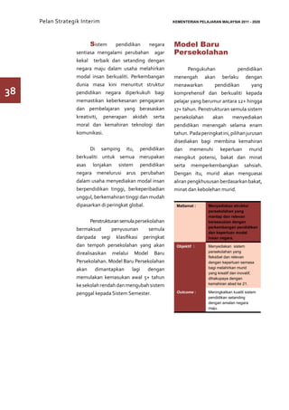 Pelan Strategik Interim   	                              KEMENTERIAN PELAJARAN MALAYSIA 2011 - 2020




                         Sistem     pendidikan   negara       Model Baru
                   sentiasa mengalami perubahan agar          Persekolahan
                   kekal terbaik dan setanding dengan
                   negara maju dalam usaha melahirkan                Pengukuhan              pendidikan
                   modal insan berkualiti. Perkembangan       menengah akan berlaku dengan
                   dunia masa kini menuntut struktur          menawarkan        pendidikan          yang
38                 pendidikan negara diperkukuh bagi          komprehensif dan berkualiti kepada
                   memastikan keberkesanan pengajaran         pelajar yang berumur antara 12+ hingga
                   dan pembelajaran yang berasaskan           17+ tahun. Penstrukturan semula sistem
                   kreativiti, penerapan akidah serta         persekolahan     akan       menyediakan
                   moral dan kemahiran teknologi dan          pendidikan menengah selama enam
                   komunikasi.                                tahun. Pada peringkat ini, pilihan jurusan
                                                              disediakan bagi membina kemahiran
                         Di samping itu, pendidikan           dan memenuhi keperluan murid
                   berkualiti untuk semua merupakan           mengikut potensi, bakat dan minat
                   asas lonjakan sistem pendidikan            serta memperkembangkan sahsiah.
                   negara menelurusi arus perubahan           Dengan itu, murid akan menguasai
                   dalam usaha menyediakan modal insan        aliran pengkhususan berdasarkan bakat,
                   berpendidikan tinggi, berkeperibadian      minat dan kebolehan murid.
                   unggul, berkemahiran tinggi dan mudah
                   dipasarkan di peringkat global.             Matlamat :      Menyediakan struktur
                                                                               persekolahan yang
                                                                               mantap dan relevan
                          Penstrukturan semula persekolahan                    bersesuaian dengan
                                                                               perkembangan pendidikan
                   bermaksud        penyusunan       semula
                                                                               dan keperluan modal
                   daripada segi klasifikasi peringkat                         insan negara.
                   dan tempoh persekolahan yang akan           Objektif :      Menyediakan sistem
                   direalisasikan melalui Model Baru                           persekolahan yang
                                                                               fleksibel dan relevan
                   Persekolahan. Model Baru Persekolahan                       dengan keperluan semasa
                   akan dimantapkan lagi dengan                                bagi melahirkan murid
                                                                               yang kreatif dan inovatif,
                   memulakan kemasukan awal 5+ tahun                           dihakupaya dengan
                   ke sekolah rendah dan mengubah sistem                       kemahiran abad ke 21.

                   penggal kepada Sistem Semester.             Outcome :       Meningkatkan kualiti sistem
                                                                               pendidikan setanding
                                                                               dengan amalan negara
                                                                               maju.
 