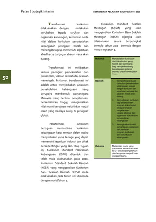 Pelan Strategik Interim   	                           KEMENTERIAN PELAJARAN MALAYSIA 2011 - 2020




                        Transformasi          kurikulum          Kurikulum Standard Sekolah
                  dilaksanakan dengan        melakukan     Menengah      (KSSM)   yang     akan
                  perubahan kepada struktur dan            menggantikan Kurikulum Baru Sekolah
                  organisasi kandungan, kemahiran serta    Menengah (KBSM) dijangka akan
                  nilai dalam kurikulum persekolahan       dilaksanakan    secara  berperingkat
                  kebangsaan peringkat rendah dan          bermula tahun 2017 bermula dengan
                  menengah supaya memenuhi keperluan       murid Tingkatan 1.
                  abad ke-21 dan juga cabaran masa akan
                  datang.                                   Matlamat :     Menyediakan kurikulum
                                                                           dan kokurikulum yang
                                                                           holistik dan seimbang
                                                                           bagi memperkembang
                         Transformasi ini melibatkan                       kepelbagaian potensi
                  semua peringkat persekolahan dari                        individu untuk kemenjadian
                                                                           insan.

50                prasekolah, sekolah rendah dan sekolah
                  menengah. Matlamat transformasi ini       Objektif :     1.	   Mempertingkat kualiti
                                                                                 kurikulum persekolahan
                  adalah untuk menyediakan kurikulum                             kebangsaan sesuai
                  persekolahan       kebangsaan     yang                         dengan tuntutan dan
                                                                                 keperluan semasa dan
                  berupaya membentuk warganegara                                 cabaran masa akan
                                                                                 datang.
                  Malaysia yang berilmu pengetahuan,
                                                                           2.	   Menyediakan kurikulum
                  berkemahiran tinggi, mengamalkan                               bagi pelaksanaan
                                                                                 program kokurikulum
                  nilai murni bertujuan melahirkan modal                         sebagai langkah
                  insan yang berdaya saing di peringkat                          penyelarasan
                                                                                 kepada struktur dan
                  global.                                                        organisasi kokurikulum
                                                                                 persekolahan
                                                                                 kebangsaan
                        Transformasi          kurikulum                    3.	   Meningkatkan kualiti
                                                                                 pemantauan, pelaporan
                  bertujuan    memastikan     kurikulum                          dan penilaian
                  kebangsaan kekal relevan dalam usaha                           program kurikulum
                                                                                 dan kokurikulum
                  menyediakan guna tenaga yang dapat                             kebangsaan.

                  memenuhi keperluan industri dan pihak
                  berkepentingan yang lain. Bagi tujuan     Outcome :      Melahirkan murid yang
                                                                           menguasai kemahiran abad
                  ini, Kurikulum Standard Prasekolah                       ke-21 iaitu berpengetahuan
                                                                           dan berupaya menjadi insan
                  Kebangsaan (KSPK) dibentuk dan                           yang seimbang.
                  telah mula dilaksanakan pada 2010.
                  Kurikulum Standard Sekolah Rendah
                  (KSSR) yang menggantikan Kurikulum
                  Baru Sekolah Rendah (KBSR) mula
                  dilaksanakan pada tahun 2011 bermula
                  dengan murid Tahun 1.
 