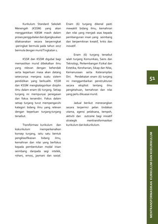 Kurikulum Standard Sekolah       Enam (6) tunjang dikenal pasti
Menengah (KSSM) yang akan              mewakili bidang ilmu, kemahiran
menggantikan KBSM masih dalam          dan nilai yang menjadi asas kepada
proses penggubalan dan dijangka akan   pembangunan insan yang seimbang
dilaksanakan secara berperingkat       dan berpemikiran kreatif, kritis dan
-peringkat bermula pada tahun 2017     inovatif.
bermula dengan murid Tingkatan 1.
                                             Enam (6) tunjang tersebut
      KSSR dan KSSM digubal bagi       ialah tunjang Komunikasi, Sains dan
memastikan murid dibekalkan ilmu       Teknologi, Perkembangan Fizikal dan
yang relevan dengan kehendak           Estetika, Kerohanian, Sikap dan Nilai,
serta keperluan masa akan datang       Kemanusiaan serta Keterampilan
seterusnya menjana suatu sistem
pendidikan yang berkualiti. KSSR
                                       Diri. Pendekatan enam (6) tunjang
                                       ini menggambarkan penstrukturan
                                                                                    51
dan KSSM mengkategorikan disiplin      secara     eksplisit  tentang   ilmu
ilmu dalam enam (6) tunjang. Setiap    pengetahuan, kemahiran dan nilai
tunjang ini mempunyai penegasan        yang perlu dikuasai murid.
dan fokus tersendiri. Fokus dalam
setiap tunjang turut mempengaruhi             Jadual berikut menerangkan
kategori bidang ilmu yang relevan      secara terperinci pelan tindakan
dengan keperluan tunjang-tunjang       utama, agensi pelaksana, tempoh,
tersebut.                              aktiviti dan outcome bagi inisiatif
                                       strategik       mentransformasikan
      Transformasi kurikulum dan       kurikulum dan kokurikulum.
kokurikulum        memperkenalkan
konsep tunjang, iaitu satu bentuk




                                                                                MENTRANSFORMASIKAN KURIKULUM DAN KOKURIKULUM
pengklasifikasian   bidang   ilmu,
kemahiran dan nilai yang berfokus
kepada pembentukan modal insan
seimbang daripada segi intelek,
rohani, emosi, jasmani dan sosial.
 