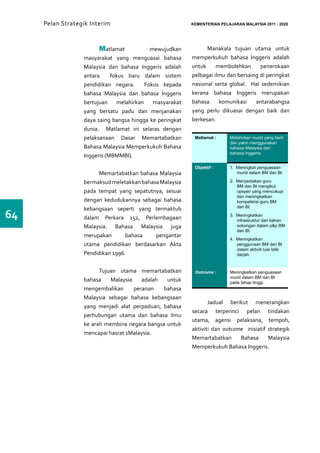 Pelan Strategik Interim   	                          KEMENTERIAN PELAJARAN MALAYSIA 2011 - 2020




                        Matlamat           mewujudkan           Manakala tujuan utama untuk
                  masyarakat yang menguasai bahasa        memperkukuh bahasa Inggeris adalah
                  Malaysia dan bahasa Inggeris adalah     untuk     membolehkan      penerokaan
                  antara     fokus baru dalam sistem      pelbagai ilmu dan bersaing di peringkat
                  pendidikan negara.     Fokus kepada     nasional serta global. Hal sedemikian
                  bahasa Malaysia dan bahasa Inggeris     kerana bahasa Inggeris merupakan
                  bertujuan melahirkan masyarakat         bahasa     komunikasi    antarabangsa
                  yang bersatu padu dan menjanakan        yang perlu dikuasai dengan baik dan
                  daya saing bangsa hingga ke peringkat   berkesan.
                  dunia.  Matlamat ini selaras dengan
                  pelaksanaan Dasar Memartabatkan          Matlamat :     Melahirkan murid yang fasih
                                                                          dan yakin menggunakan
                  Bahasa Malaysia Memperkukuh Bahasa                      bahasa Malaysia dan
                                                                          bahasa Inggeris.
                  Inggeris (MBMMBI).
                                                           Objektif :     1. Meningkat penguasaan
                       Memartabatkan bahasa Malaysia                         murid dalam BM dan BI.

                  bermaksud meletakkan bahasa Malaysia                    2. Menyediakan guru
                                                                             BM dan BI mengikut
                  pada tempat yang sepatutnya, sesuai                        opsyen yang mencukupi
                                                                             dan meningkatkan
                  dengan kedudukannya sebagai bahasa                         kompetensi guru BM
                                                                             dan BI.
                  kebangsaan seperti yang termaktub
64                dalam Perkara 152, Perlembagaan                         3. Meningkatkan
                                                                             infrastruktur dan bahan
                  Malaysia. Bahasa Malaysia juga                             sokongan dalam p&p BM
                                                                             dan BI.
                  merupakan       bahasa    pengantar
                                                                          4. Meningkatkan
                  utama pendidikan berdasarkan Akta                          penggunaan BM dan BI
                                                                             dalam aktiviti luar bilik
                  Pendidikan 1996.                                           darjah.


                        Tujuan utama memartabatkan         Outcome :      Meningkatkan penguasaan
                                                                          murid dalam BM dan BI
                  bahasa    Malaysia    adalah  untuk                     pada tahap tinggi.
                  mengembalikan      peranan   bahasa
                  Malaysia sebagai bahasa kebangsaan
                                                                 Jadual berikut menerangkan
                  yang menjadi alat perpaduan, bahasa
                                                          secara terperinci pelan tindakan
                  perhubungan utama dan bahasa ilmu
                                                          utama, agensi pelaksana, tempoh,
                  ke arah membina negara bangsa untuk
                                                          aktiviti dan outcome inisiatif strategik
                  mencapai hasrat 1Malaysia.
                                                          Memartabatkan      Bahasa      Malaysia
                                                          Memperkukuh Bahasa Inggeris.
 