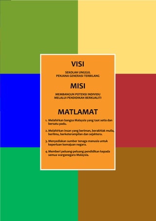 7
    Pelan Strategik Interim 	                          KEMENTERIAN PELAJARAN MALAYSIA 2011 - 2020




7

7

7

7                                      VISI
                                 SEKOLAH UNGGUL
7                           PENJANA GENERASI TERBILANG


                                      MISI
7                         MEMBANGUN POTENSI INDIVIDU
                          MELALUI PENDIDIKAN BERKUALITI

7
                             MATLAMAT
                    1.	 Melahirkan bangsa Malaysia yang taat setia dan
                        bersatu padu.

                    2.	Melahirkan insan yang beriman, berakhlak mulia,
                       berilmu, berketerampilan dan sejahtera.

                    3.	Menyediakan sumber tenaga manusia untuk
                       keperluan kemajuan negara.

                    4.	Memberi peluang-peluang pendidikan kepada
                       semua warganegara Malaysia.
 