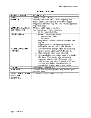 SekolahKebangsaanPianggu
EnglishPanel 2015
BAHASA INGGERIS
NAMA PROGRAM SMART SCORE
FOKUS Penulisan (Kertas 2, Writing)
OBJEKTIF Membantu calon-calon A UPSR untuk mengarang ayat
(ringkas, majmuk dan kompleks) dalam Bahasa Inggeris
menggunakan tatabahasa yang betul serta perkataan-perkataan
yang beraras tinggi.
KUMPULAN SASARAN 8 Calon A UPSR (murid B latih ke A)
GURU TERLIBAT Guru Bahasa Inggeris Tahun 6 Gemilang;
- Cik Siti Nadiah Binti Bakar.
PROSES KERJA 1. Taklimat Program Smart Score;
- Ucapan Ketua Panitia,
- Penerangan.
2. Mengenalpasti kumpulan sasaran berdasarkan TOV
yang lalu.
3. Program dijalankan ketika proses pengajaran dan
pembelajaran serta pada waktu kelas tambahan.
PELAKSANAAN DAN
STRATEGI
1. Guru menyediakan pelbagai latihan dan bahan yang
menjurus kepada peperiksaan UPSR (kertas 2),
2. Murid menjawab latihan secara individual,
3. Guru menjalankan perbincangan secara terus di dalam
bilik darjah. (Perbincangan kelas merangkumi
penggunaan adjectives, adverbs, phrasal verbs,
collective nouns, new words, bombastic words, serta
pembinaan ayat ringkas, ayat majmuk dan ayat
kompleks bagi mendapat markah yang tinggi.)
TEMPOH Januari hingga September 2015
PENILAIAN Dijalankan pada setiap ujian penilaian bagi mengenal pasti
pencapaian murid
KECUKUPAN LATIHAN 44 set latihan berformat UPSR (kertas 2)
KEKUATAN
KELEMAHAN
 