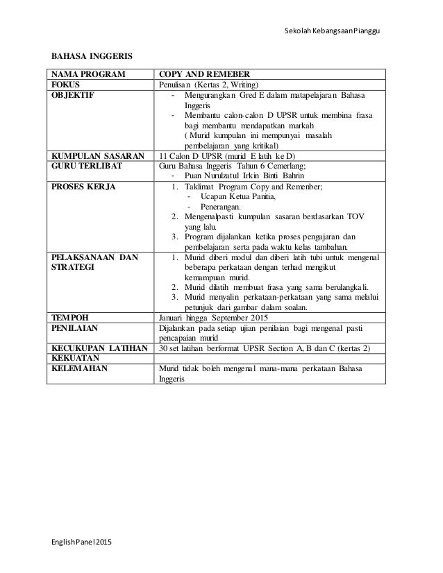 Pelan strategik panitia bahasa inggeris 2015