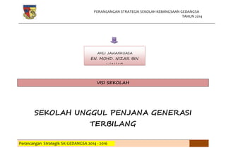 PERANCANGAN STRATEGIK SEKOLAH KEBANGSAAN GEDANGSA
TAHUN 2014
Perancangan Strategik SK GEDANGSA 2014 - 2016
VISI SEKOLAH
SEKOLAH UNGGUL PENJANA GENERASI
TERBILANG
AHLI JAWANKUASA
EN. MOHD. NIZAR BIN
WAHAB
PN. NORHAMIZAN BT.
MAT GHAUS
 