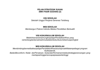 PELAN STRATEGIK SUKAN
SMK PASIR GUDANG (2)
VISI SEKOLAH
Sekolah Unggul Penjana Generasi Terbilang
MISI SEKOLAH
Membangun Potensi Individu Melalui Pendidikan Berkualiti
VISI KOKURIKULUM SEKOLAH
MelahirkanseramaimungkinpelajarPendidikanKhas yang
cemerlangdanbersahsiahmuliadalamkokurikulumdisemuaperingkat
MISI KOKURIKULUM SEKOLAH
MembimbingdanmelibatkanpelajarPendidikanKhassecaraproaktifdalampelbagai program
KoAkademik,
BadanBeruniform, Kelab danPersatuan, SukandanPermainanmelaluistrategiperancangan yang
mantapsehinggamencapaipiawaiantertinggi
 